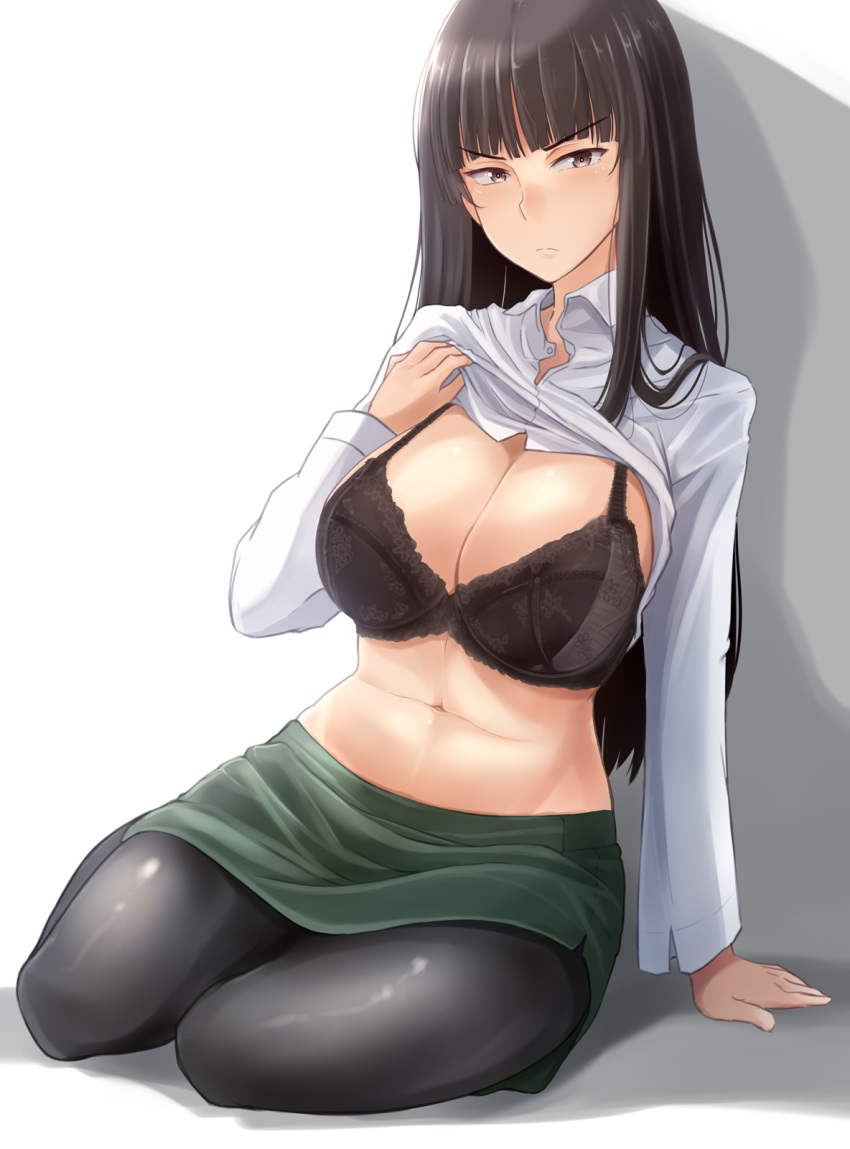 1girl arm_support black_bra black_hair black_pantyhose blush bra breasts brown_eyes cleavage closed_mouth clothes_lift girls_und_panzer green_skirt highres kitayama_miuki large_breasts lingerie long_hair looking_at_viewer navel nishizumi_shiho pantyhose shirt shirt_lift skirt solo underwear white_shirt