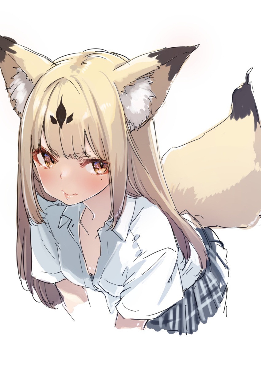 1girl animal_ear_fluff animal_ears azuma_sawayoshi blonde_hair blush closed_mouth cropped_torso fox_ears fox_girl fox_tail grey_skirt highres leaning_forward mole mole_under_eye orange_eyes original pleated_skirt shirt short_sleeves simple_background sketch skirt solo tail white_background white_shirt