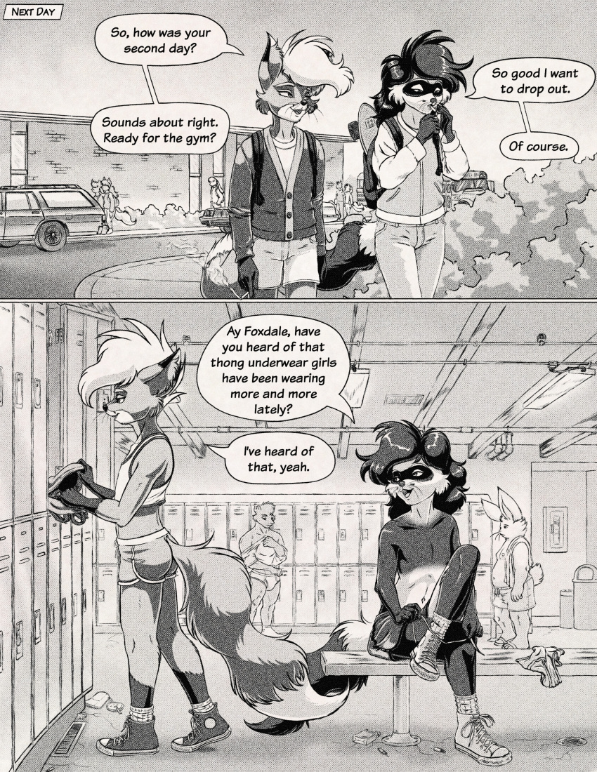 absurd_res anthro black_and_white canid canine cigarette clothed clothing comic crop_top domestic_ferret fox foxdale foxdale_axelrod greyscale group hi_res high_school male mammal monochrome mustelid musteline school shirt smoking teenager topless topwear true_musteline weasel young
