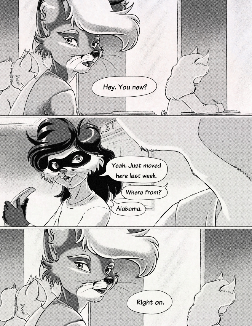 absurd_res anthro black_and_white canid canine comic domestic_ferret duo fox foxdale foxdale_axelrod greyscale hi_res high_school male mammal monochrome mustelid musteline school teenager true_musteline weasel young