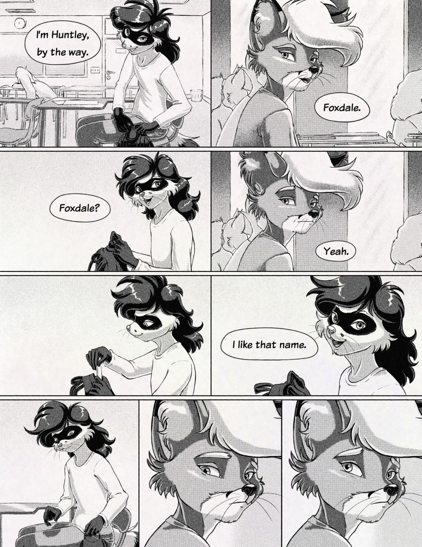 absurd_res anthro black_and_white canid canine comic domestic_ferret duo fox foxdale foxdale_axelrod greyscale hi_res high_school male mammal monochrome mustelid musteline school teenager true_musteline weasel young