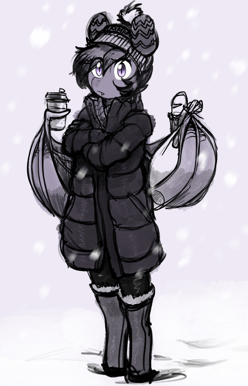 absurd_res anthro bat_pony bat_wings beanie boots clothing coat coffee_cup container crossed_arms cup equid fangs female footwear hasbro hat headgear headwear hi_res holding_object mammal membrane_(anatomy) membranous_wings monochrome my_little_pony nolegs_(oc) pupils replica_(artist) slit_pupils snow solo teeth topwear wings