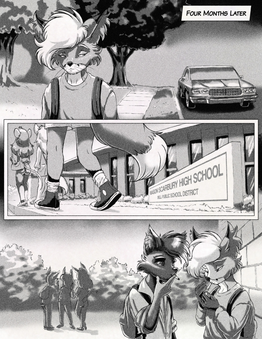 absurd_res anthro black_and_white canid canine canis car cigarette comic domestic_cat felid feline felis fox foxdale foxdale_axelrod greyscale group hi_res high_school lagomorph leporid male mammal monochrome rabbit school smoking teenager vehicle wolf young