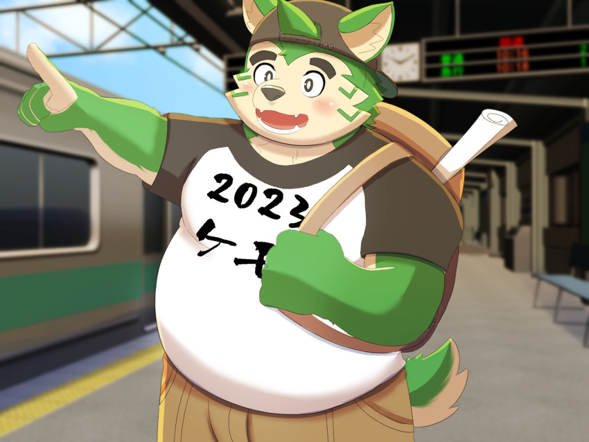 2023 anthro backpack belly big_belly bottomwear canid canine canis clothing detailed_background domestic_dog green_body hat headgear headwear hi_res humanoid_hands inugamihito kemono lifewonders live_a_hero male mammal mokdai outside overweight overweight_male pants shirt solo tain topwear