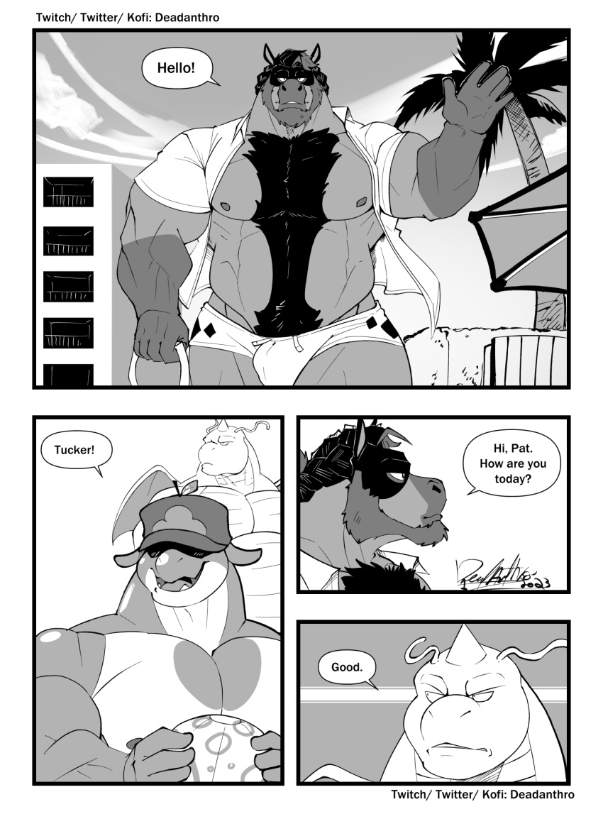 2023 3:4 anthro appletun ball beach beach_ball beard big_bulge big_muscles black_hair body_hair bottomwear bulge chest_hair clothed clothing comic deadanthro detailed_background dialogue dragon dragonite elemental_creature english_text equid facial_hair floppy_ears flora_fauna generation_1_pokemon generation_7_pokemon generation_8_pokemon gesture glare group hair happy_trail hat headgear headwear hi_res holding_object huge_muscles inflatable larger_male looking_at_another looking_at_partner macoun_(deadanthro) male male/male mammal mature_male monochrome mudsdale multiple_images muscular muscular_male nintendo nipples obscured_eyes open_clothing open_topwear overweight overweight_male partially_clothed pat_(deadanthro) plant pokemon pokemon_(species) pubes scalie seaside shaded size_difference smaller_male speech_bubble swimwear text tight_bottomwear tight_clothing topless topwear tucker_(deadanthro) waving