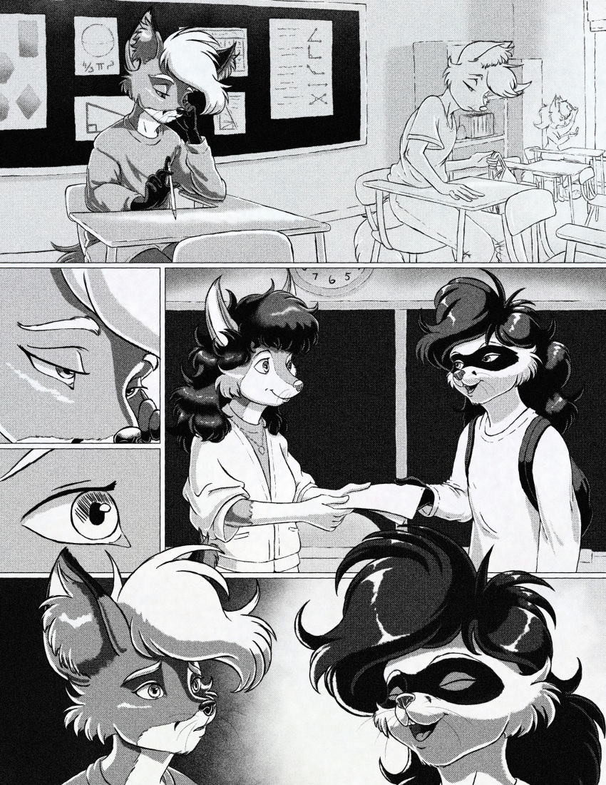 absurd_res anthro black_and_white canid canine comic domestic_ferret female fox foxdale foxdale_axelrod greyscale group hi_res high_school male mammal monochrome mustelid musteline school teenager true_musteline weasel young