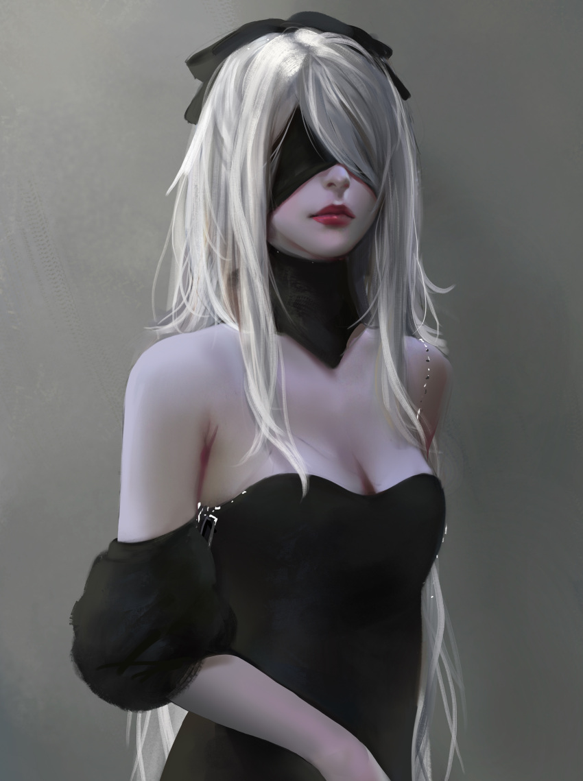 1girl absurdres bangs bare_shoulders black_blindfold black_bow blindfold bow collarbone detached_sleeves drag-on_dragoon drag-on_dragoon_3 hair_bow hair_ornament highres lmilkyskin long_hair nier_(series) nier_automata ribbon simple_background solo white_hair zero_(drag-on_dragoon)