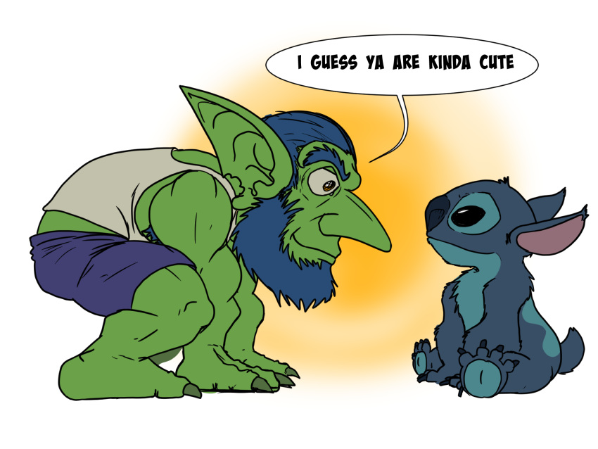 alien beard blizzard_entertainment disney duo english_text experiment_(lilo_and_stitch) eye_contact facial_hair goblin green_body hi_res humanoid lilo_and_stitch looking_at_another male ryusuke573 smile stitch_(lilo_and_stitch) text warcraft