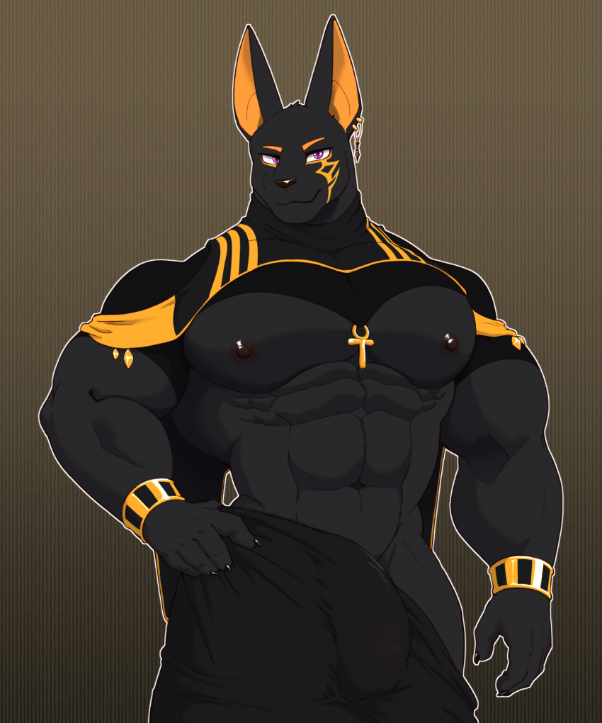 2023 5_fingers abs ankh anthro anubian_jackal biceps big_bulge big_muscles big_pecs biped black_body black_bottomwear black_claws black_clothing black_ears black_fur black_nipples black_nose black_pants black_pupils black_topwear bottomwear bracelet brown_background bulge canid canine canis claws clothed clothing colored croiyan crop_top digital_media_(artwork) ear_piercing ear_ring egyptian eye_markings finger_claws fingers front_view fur genital_outline gold_(metal) gold_jewelry hand_on_hip hi_res humanoid_hands jackal jewelry kemono looking_at_viewer male mammal markings midriff monotone_body monotone_ears monotone_fur multicolored_clothing multicolored_shirt multicolored_topwear muscular muscular_anthro muscular_male navel nipples pants partially_clothed pecs penis_outline piercing pinup portrait pose pupils purple_eyes ring_piercing shaded shirt simple_background slit_pupils snout solo standing three-quarter_portrait topwear two_tone_clothing two_tone_shirt two_tone_topwear yellow_clothing yellow_inner_ear yellow_markings yellow_topwear