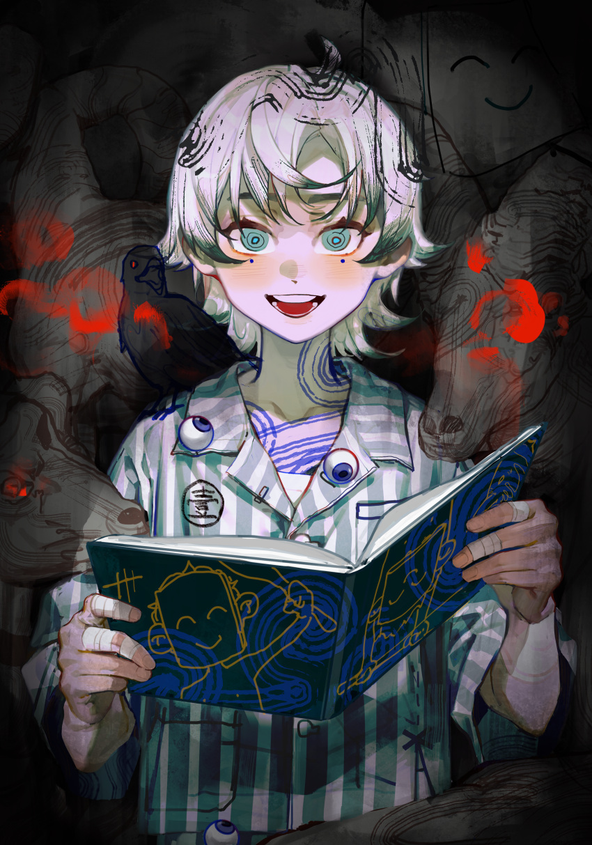1boy :d absurdres animal_on_shoulder aqua_eyes bandaged_fingers bandages bangs bird bird_on_shoulder blue_eyes book chayixiaxian colored_tips crow dog empty_eyes eyeball hands_up highres hitodama holding holding_book looking_at_viewer male_focus mole mole_under_eye monster multicolored_hair open_book open_mouth original pajamas pale_skin ringed_eyes short_hair short_sleeves smile snake striped upper_body vertical_stripes white_hair