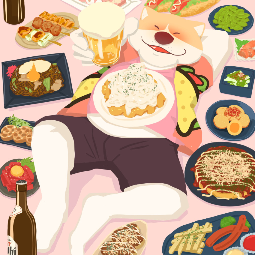 2023 alcohol anthro beer beverage blush bottomwear canid canine canis clothing domestic_dog eyes_closed food hi_res humanoid_hands lying male mammal panda_po shirt shorts slightly_chubby solo topwear