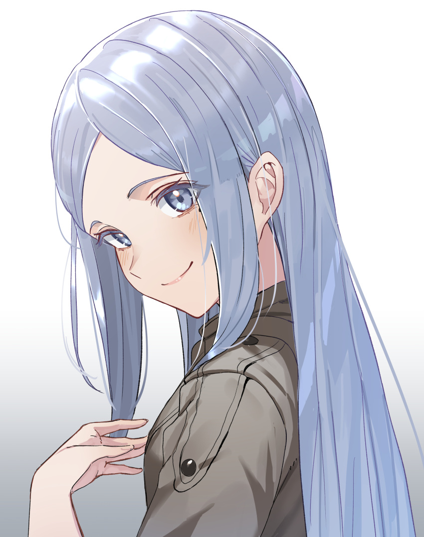 1girl 86_-eightysix- absurdres anju_emma bangs blue_eyes blue_hair blush closed_mouth dunggeul_dunggeul from_side gradient_background grey_jacket hand_up highres jacket light_blue_hair looking_at_viewer mole mole_under_eye parted_bangs simple_background smile solo turning_head upper_body white_background