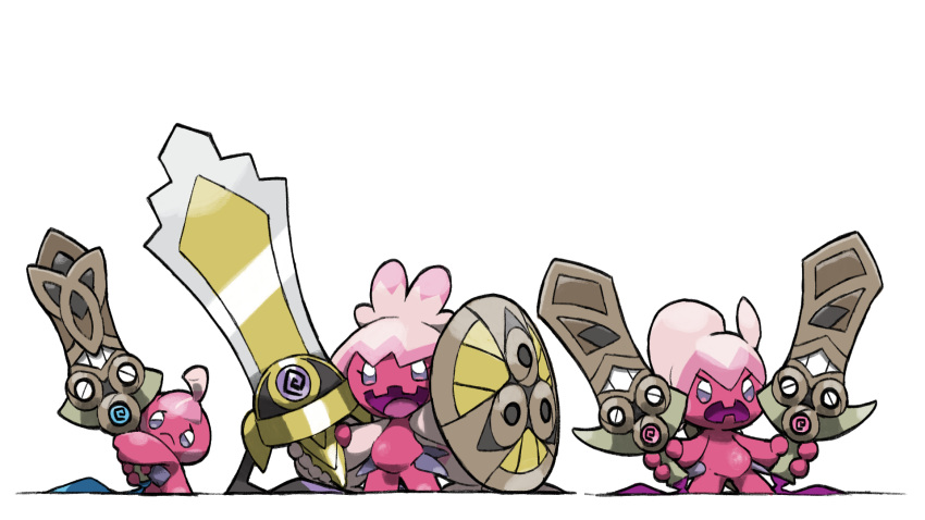 :&lt; aegislash blacknirrow colored_skin doublade dual_wielding evolutionary_line highres holding honedge looking_at_viewer pink_skin pokemon pokemon_(creature) shield simple_background smile sword tinkatink tinkaton tinkatuff weapon