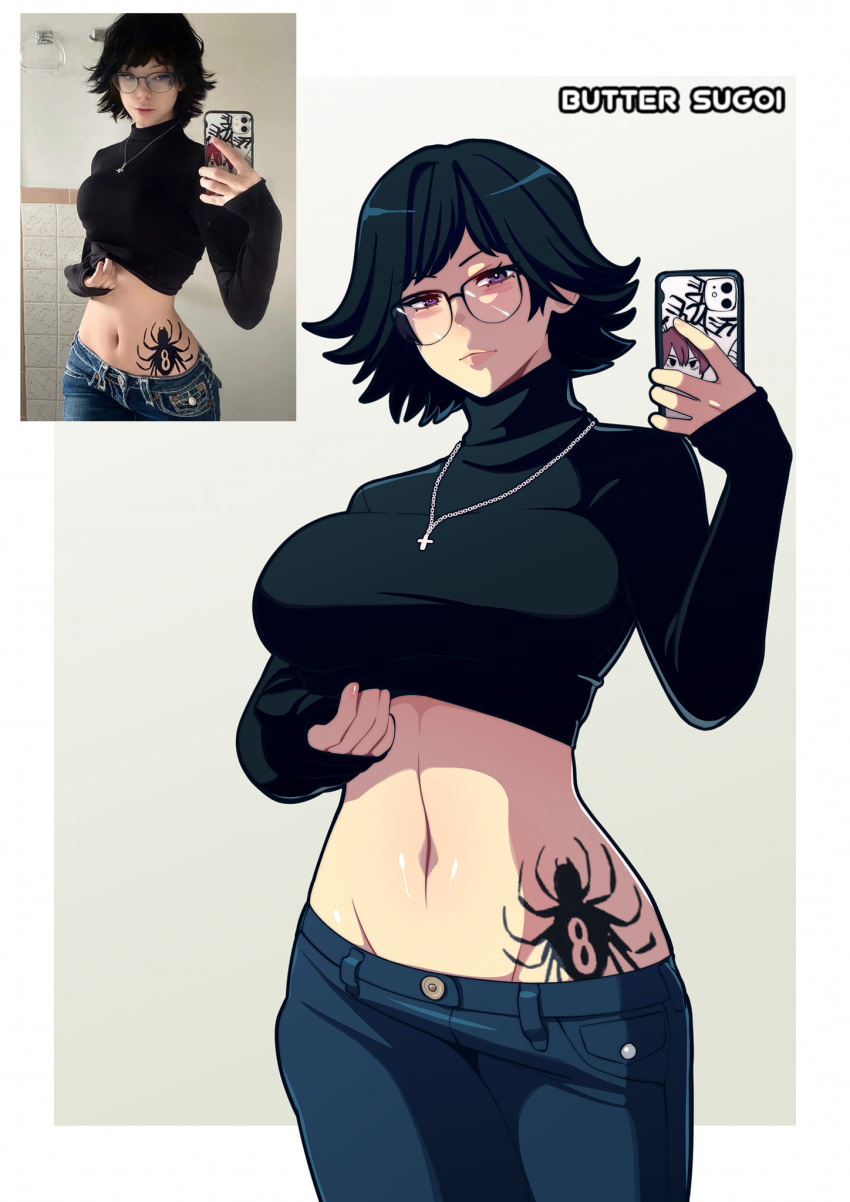 1girl artist_name black_hair breasts butter_sugoi cellphone clothes_lift clothes_pull cowboy_shot cross cross_necklace denim glasses groin highres hip_tattoo holding holding_phone hunter_x_hunter jeans jewelry large_breasts lips medium_hair midriff navel necklace pants pants_pull phone photo-referenced photo_inset purple_eyes reference_inset reference_photo shirt_lift shizuku_(hunter_x_hunter) smartphone smartphone_case solo spider_tattoo tattoo turtleneck