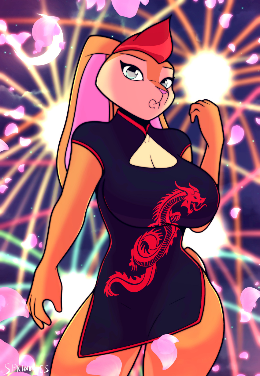 absurd_res anthro asian_mythology chinese_new_year chinese_zodiac clothed clothing dragon east_asian_mythology eastern_dragon female fireworks hi_res holiday_clothing lagomorph leporid lunar_new_year mammal mohawk moon mythology petals rabbit solo sprinkles_(artist) tight_clothing year_of_the_rabbit