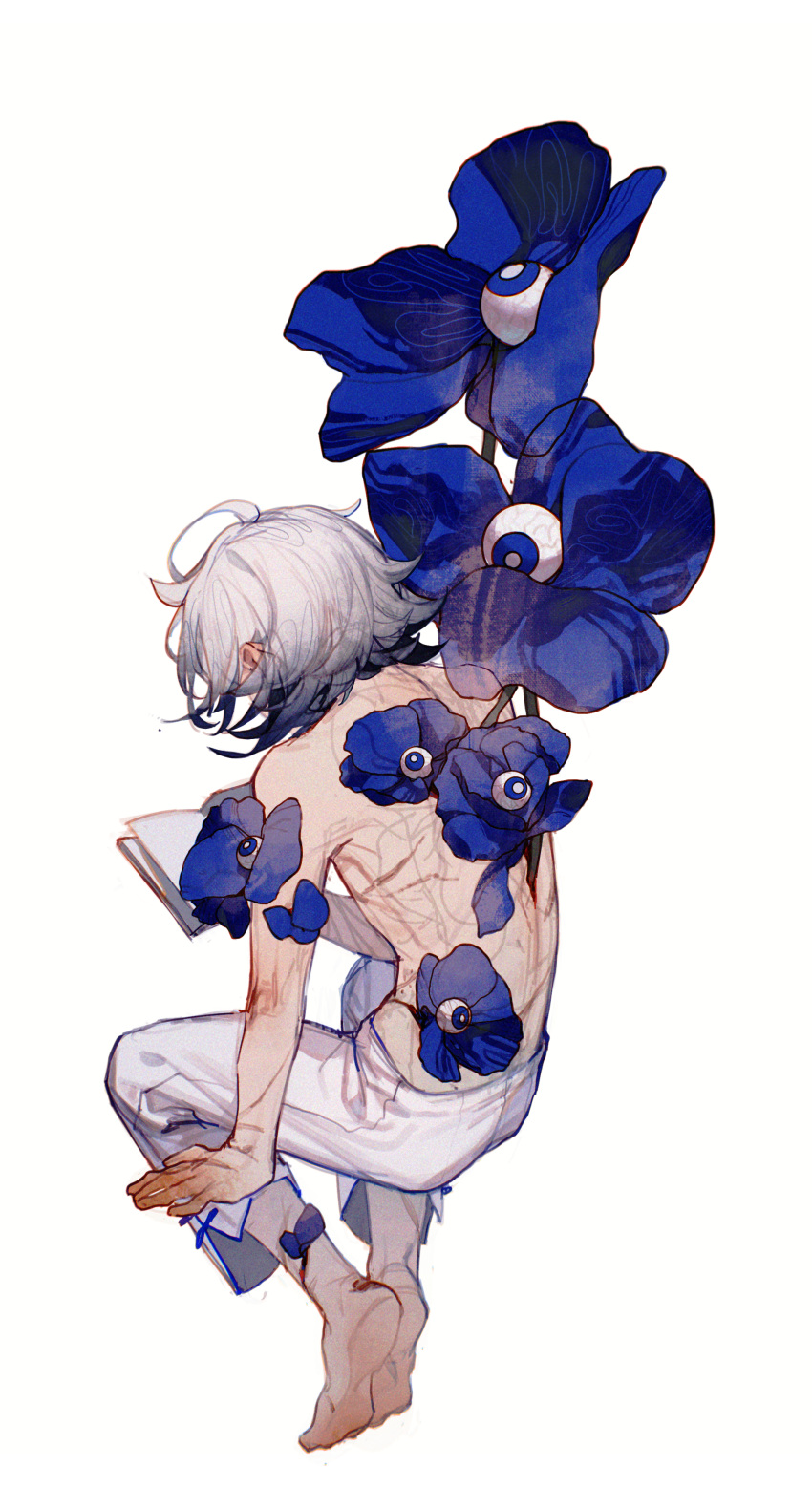 1boy absurdres ahoge arm_support barefoot bleeding blood blue_eyes blue_flower book bruise chayixiaxian colored_tips eyeball facing_away facing_down flower from_behind full_body grey_hair highres holding holding_book injury invisible_chair male_focus multicolored_hair multiple_scars open_book original overgrown procreate_(medium) reading scar scar_on_arm scar_on_back scar_on_leg short_hair simple_background sitting soles solo surreal topless_male white_background white_hair