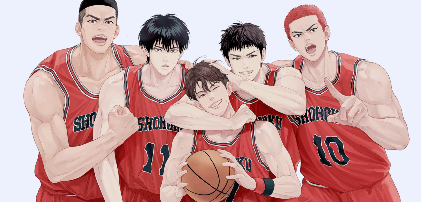 5boys akagi_takenori ball bangs bare_shoulders basketball basketball_jersey basketball_uniform black_hair black_wristband brown_eyes brown_hair clenched_hand collarbone commentary_request earrings expressionless grey_eyes grin hair_between_eyes hand_on_another's_head hand_on_another's_shoulder hand_up head_tilt highres holding holding_ball index_finger_raised jewelry looking_at_viewer male_focus mitsui_hisashi miyagi_ryouta multiple_boys one_eye_closed open_mouth parted_lips red_hair red_shirt red_shorts red_wristband rukawa_kaede sakuragi_hanamichi shirt short_hair shorts simple_background slam_dunk_(series) sleeveless sleeveless_shirt smile sportswear standing stud_earrings sweat teeth tongue twoframe undercut upper_teeth_only v-shaped_eyebrows white_background wristband