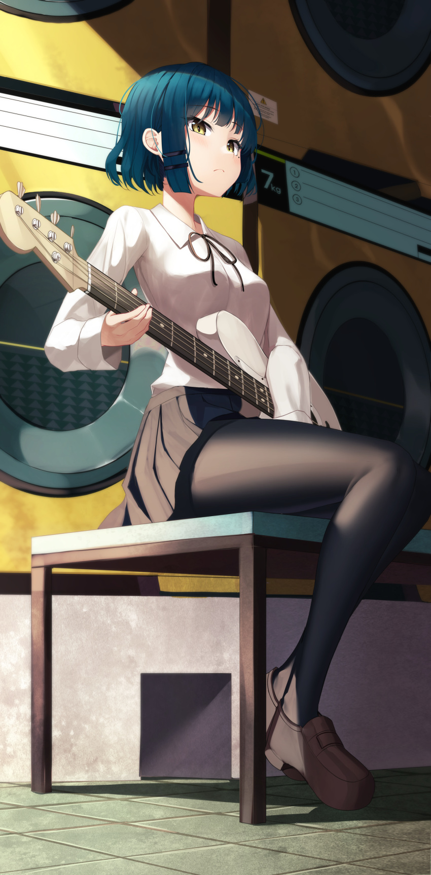 1girl :&lt; absurdres apple_ringo bangs bass_guitar bench black_pantyhose black_ribbon black_skirt blue_hair blunt_bangs blush bob_cut bocchi_the_rock! breasts brown_footwear closed_mouth commentary dress_shirt from_below from_side full_body hair_ornament hair_strand hairclip highres holding holding_instrument indoors instrument laundromat light_frown loafers long_sleeves looking_at_viewer looking_down looking_to_the_side medium_breasts messy_hair mole mole_under_eye music neck_ribbon on_bench pantyhose playing_instrument pleated_skirt ribbon school_uniform shirt shoes short_hair sitting skirt sleeves_past_fingers sleeves_past_wrists slit_pupils solo washing_machine white_shirt yamada_ryou yellow_eyes