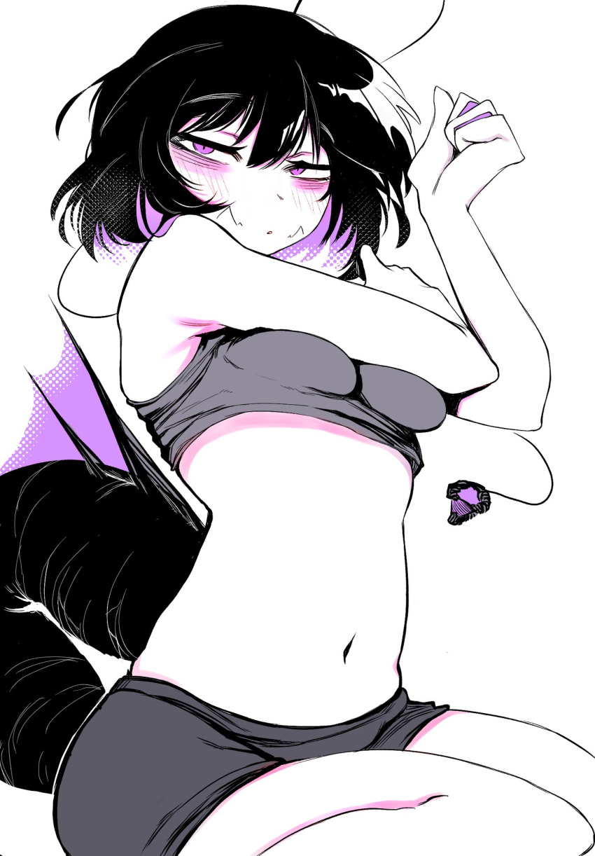 1girl antennae bangs black_hair blush breast_press breasts crop_top english_commentary fins grey_shorts hair_between_eyes hemuling highres looking_at_viewer medium_breasts monochrome monster_girl multicolored_hair navel original parted_lips purple_eyes purple_hair short_hair shorts simple_background sitting solo tail webbed_hands