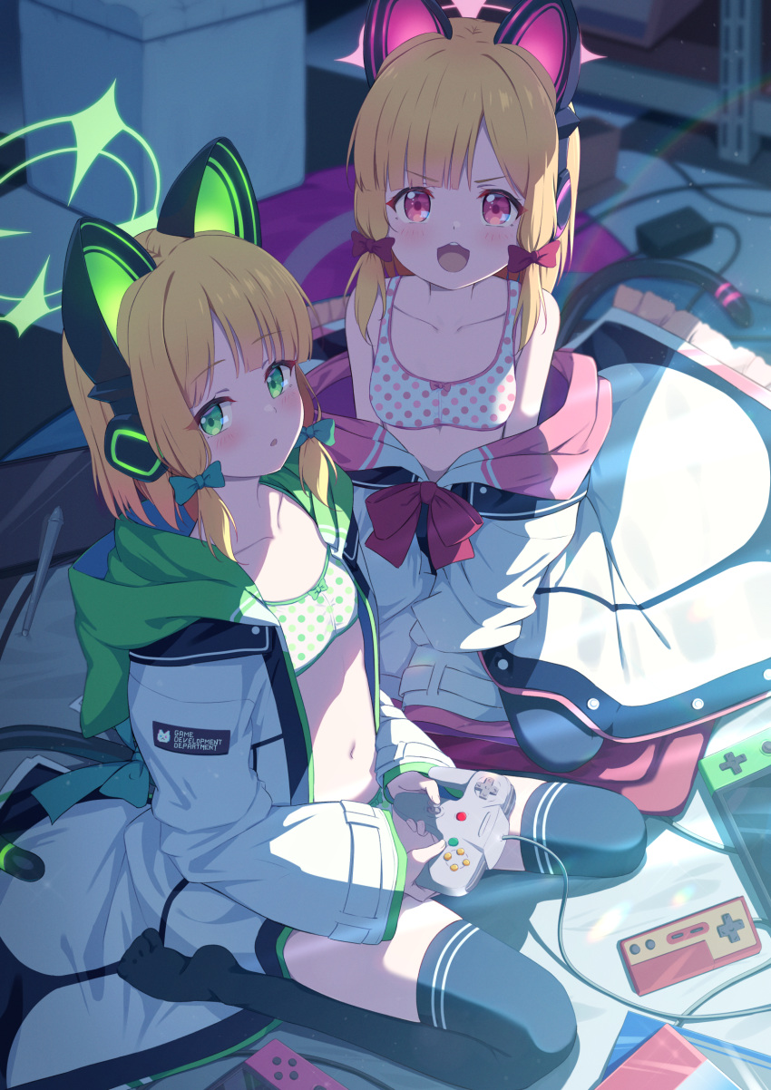 2girls :d animal_ear_headphones animal_ears bangs black_thighhighs blonde_hair blue_archive blunt_bangs blush bow bow_bra bra breasts cat_ear_headphones collarbone commentary controller expressionless fake_animal_ears famicom_gamepad game_controller green_bra green_eyes hair_bow halo headphones highres holding holding_controller holding_game_controller hood hooded_jacket indoors jacket looking_at_viewer midori_(blue_archive) miso_(misomiso_154) momoi_(blue_archive) multiple_girls nintendo_64_controller nintendo_switch open_clothes open_jacket open_mouth open_shirt parted_lips pink_bra pink_eyes polka_dot polka_dot_bra seiza shade short_hair siblings sisters sitting small_breasts smile thighhighs training_bra twins underwear v-shaped_eyebrows