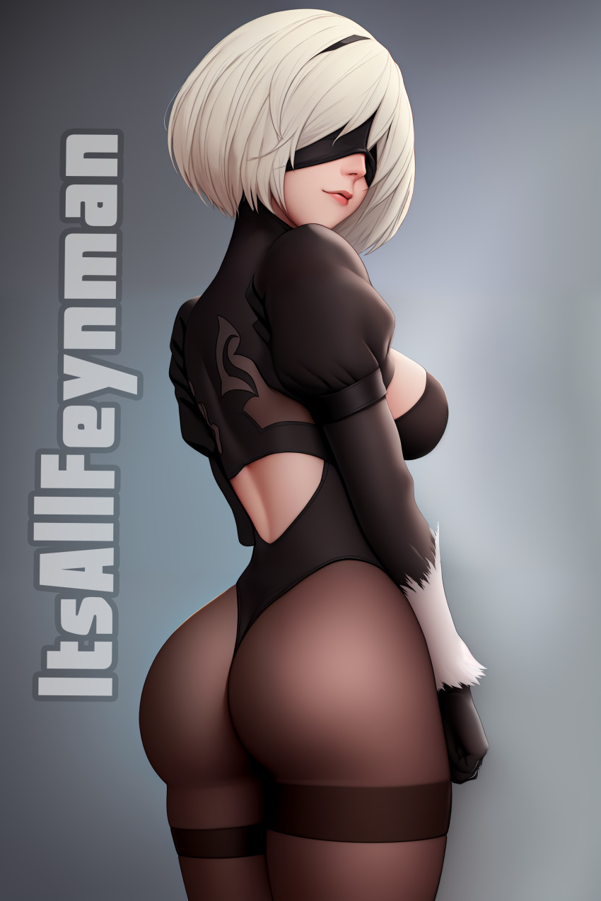 1girl absurdres alternate_legwear android artist_name ass ass_focus back_cutout black_blindfold black_hairband blindfold bob_cut breasts cleavage_cutout clothing_cutout commentary covered_eyes english_commentary gloves gradient_background hairband highres itsallfeynman leotard long_sleeves medium_breasts nier_(series) nier_automata pantyhose robot short_hair solo thighband_pantyhose white_hair yorha_no._2_type_b