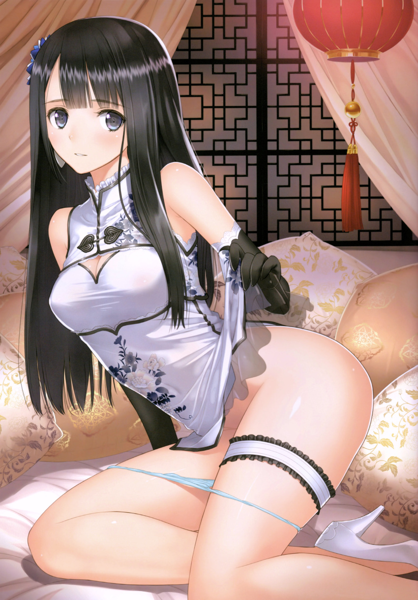 1girl absurdres bangs black_gloves black_hair blush breasts china_dress chinese_clothes cleavage cleavage_cutout clothing_cutout dress elbow_gloves floral_background floral_print flower frills gloves grey_eyes hair_ornament high_heels highres indoors long_hair looking_at_viewer medium_breasts original panties panty_pull parted_lips pillow ping-yi scan shiny_skin short_dress simple_background sleeveless solo thigh_strap tony_taka underwear