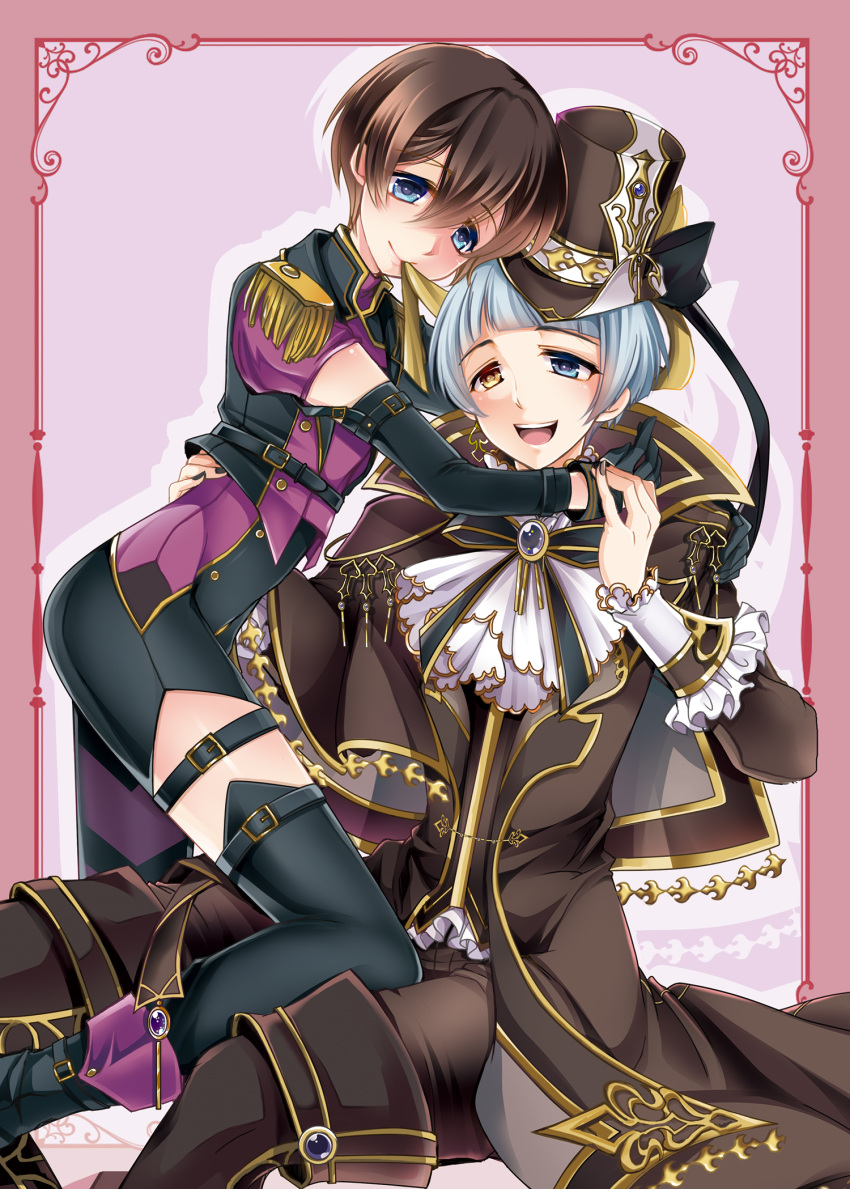 2boys androgynous baber_(i-chu) bangs black_thighhighs blue_eyes blunt_bangs brown_hair cosplay costume_switch eva_armstrong garter_straps gloves hat heterochromia highres i-chu long_sleeves looking_at_viewer male_focus multiple_boys na0831 orange_eyes short_hair thighhighs top_hat white_hair yaoi