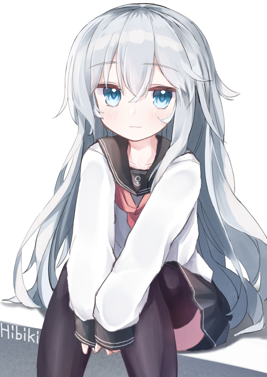 1girl absurdres anchor_symbol blue_eyes blush character_name collarbone hair_between_eyes hibiki_(kancolle) highres kantai_collection light_blush long_hair long_sleeves looking_to_the_side neckerchief open_mouth pleated_skirt rotroto school_uniform serafuku simple_background sitting skirt sleeves_past_wrists smile solo thighhighs white_background white_hair