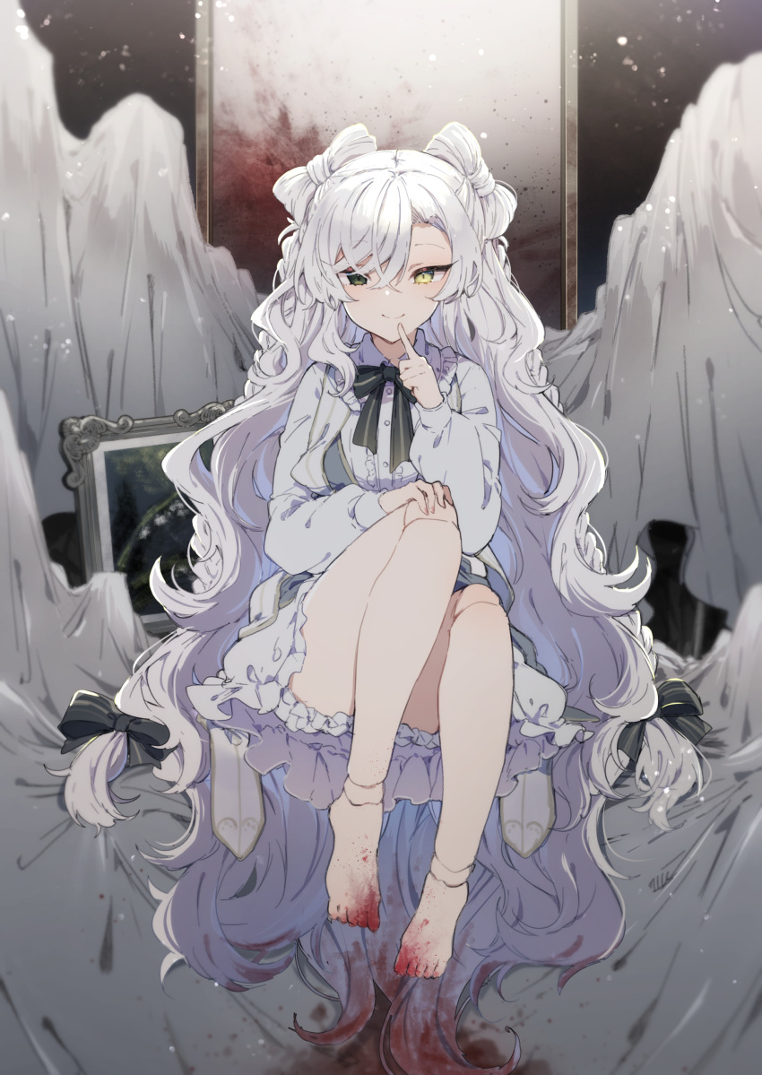 1girl absurdres bangs barefoot blood blood_on_feet bow-shaped_hair closed_mouth collared_dress doll_joints dress feet frilled_dress frilled_shirt_collar frills green_eyes hair_over_one_eye hand_up heterochromia highres ikeuchi_tanuma joints knees_up long_sleeves looking_at_viewer original puffy_long_sleeves puffy_sleeves sitting smile solo white_dress white_hair yellow_eyes