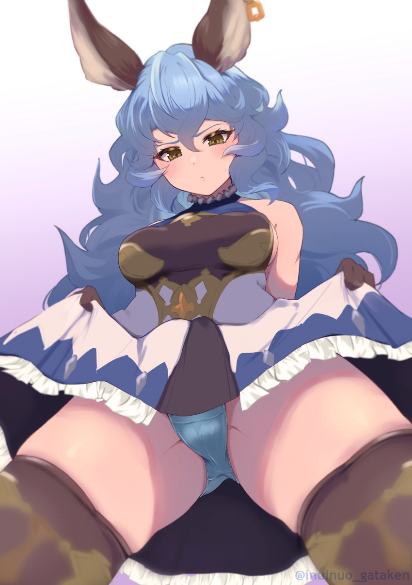 1girl absurdres animal_ears arm_up ass ass_visible_through_thighs bangs bare_back bare_shoulders blue_hair blue_panties blue_skirt blush breasts brown_gloves brown_thighhighs closed_mouth curly_hair detached_collar embarrassed erune ferry_(granblue_fantasy) frilled_gloves frilled_skirt frills from_below gloves granblue_fantasy highres inuinuo_gataken legs_apart long_hair looking_at_viewer looking_down medium_breasts miniskirt panties skirt solo spread_legs standing sweatdrop thighhighs tsurime twitter_username underwear upskirt very_long_hair yellow_eyes