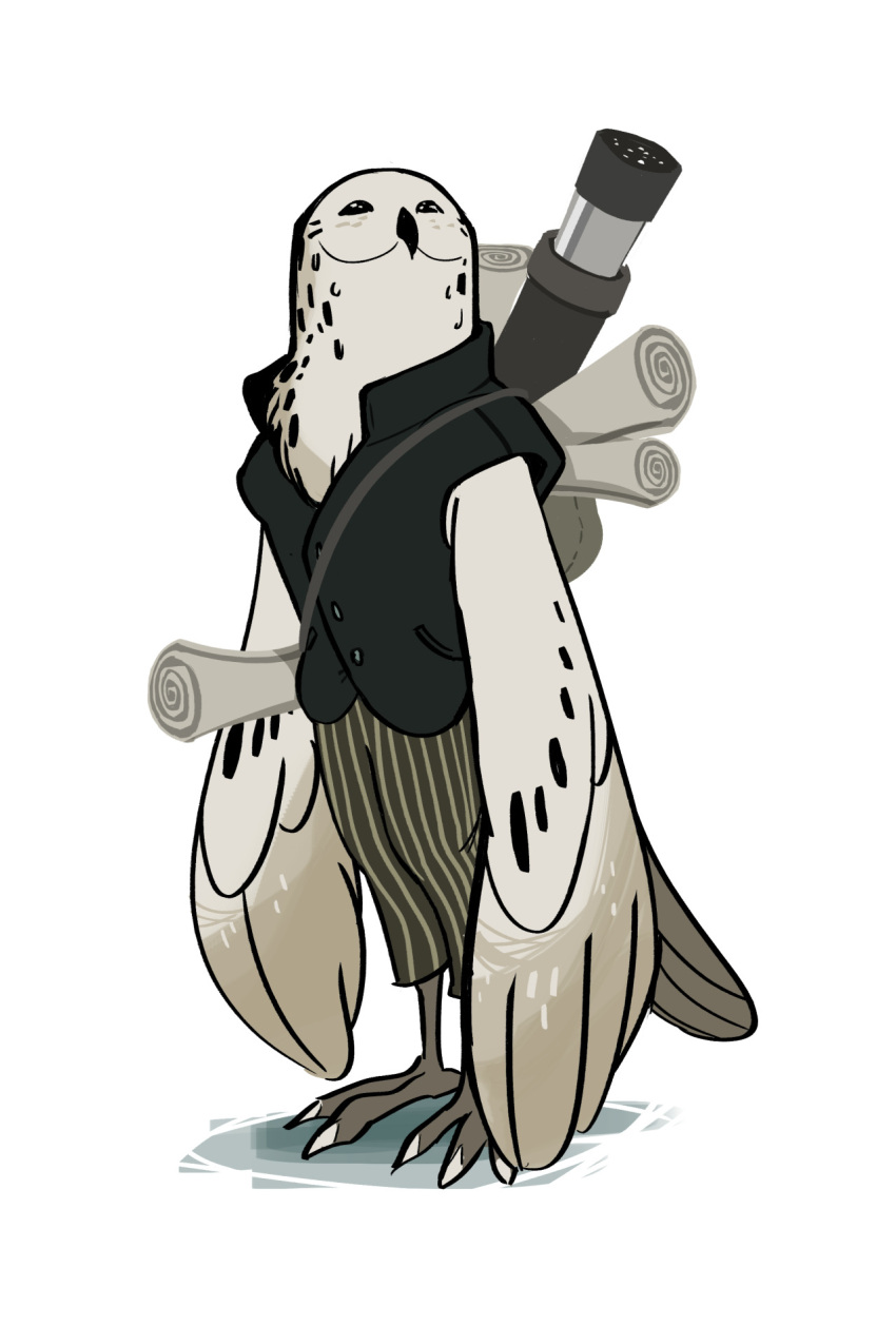 2016 ambiguous_gender anthro avian bag beak bird black_eyes bottomwear bradbradleyart bubo_(genus) clothing digital_media_(artwork) feather_hands feather_markings feathers hi_res looking_up markings owl pants scroll shadow simple_background snowy_owl solo standing straps talons telescope topwear true_owl vest white_background white_body white_feathers winged_arms wings