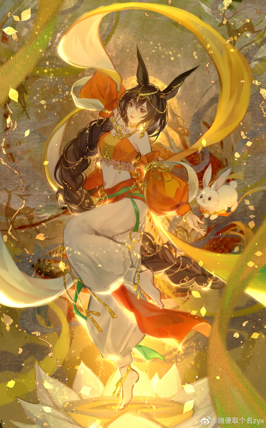1girl absurdres animal_ears barefoot braid braided_ponytail brown_hair closed_mouth douluo_dalu full_body hair_ornament highres jewelry leg_up long_hair navel pants pedestal puffy_pants rabbit rabbit_ears smile solo standing standing_on_one_leg suibian_qu_ge_ming_zyx white_pants xiao_wu_(douluo_dalu)