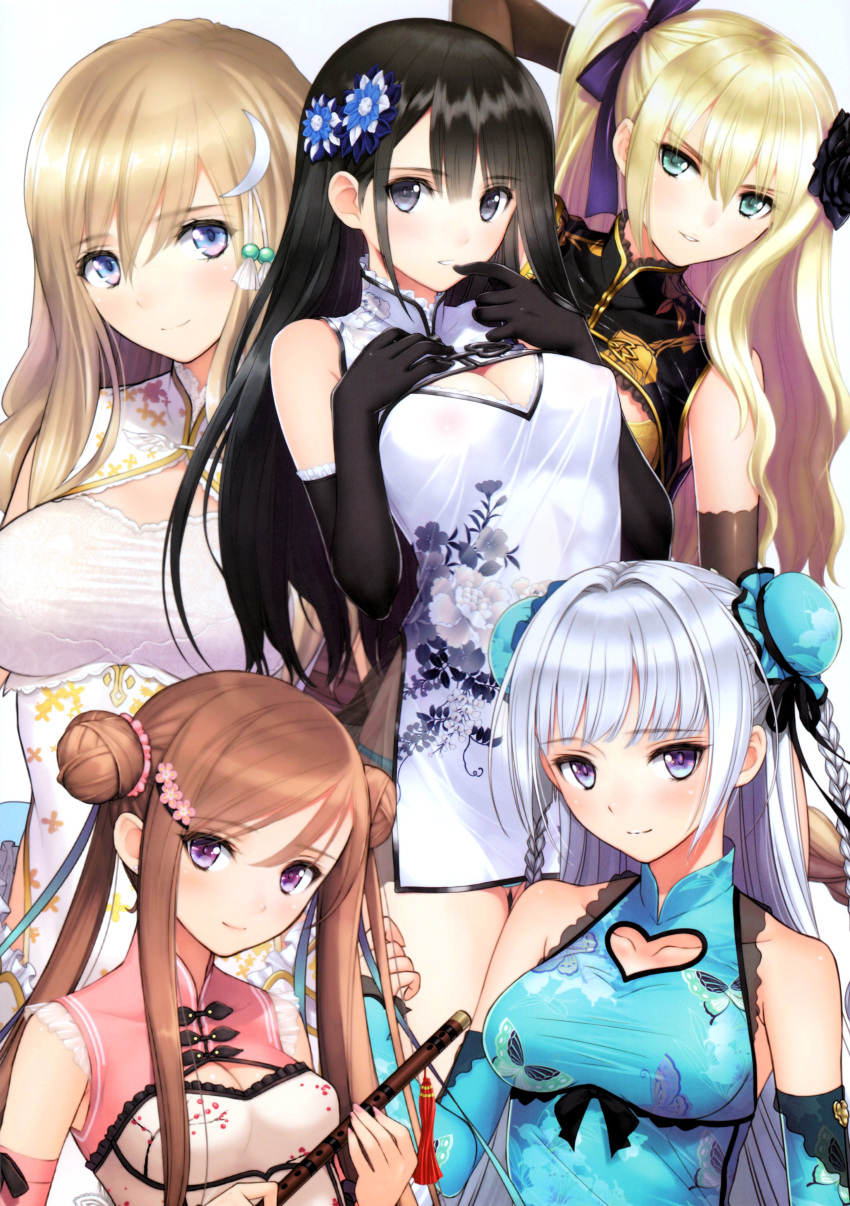 5girls absurdres animal_print bangs bao-chai bare_shoulders black_hair blonde_hair blue_eyes blush braid breasts brown_hair bun_cover butterfly_print china_dress chinese_clothes chun-mei cleavage closed_mouth clothing_cutout collarbone dai-you double_bun dress elbow_gloves floral_print flute frills gloves green_eyes grey_eyes hair_bun hair_ornament hand_on_own_chest hands_up heart_cutout highres holding instrument jin-lian light_brown_hair long_hair looking_at_viewer medium_breasts multiple_girls original parted_lips ping-yi purple_eyes scan see-through short_dress simple_background small_breasts smile tony_taka twintails upper_body white_hair