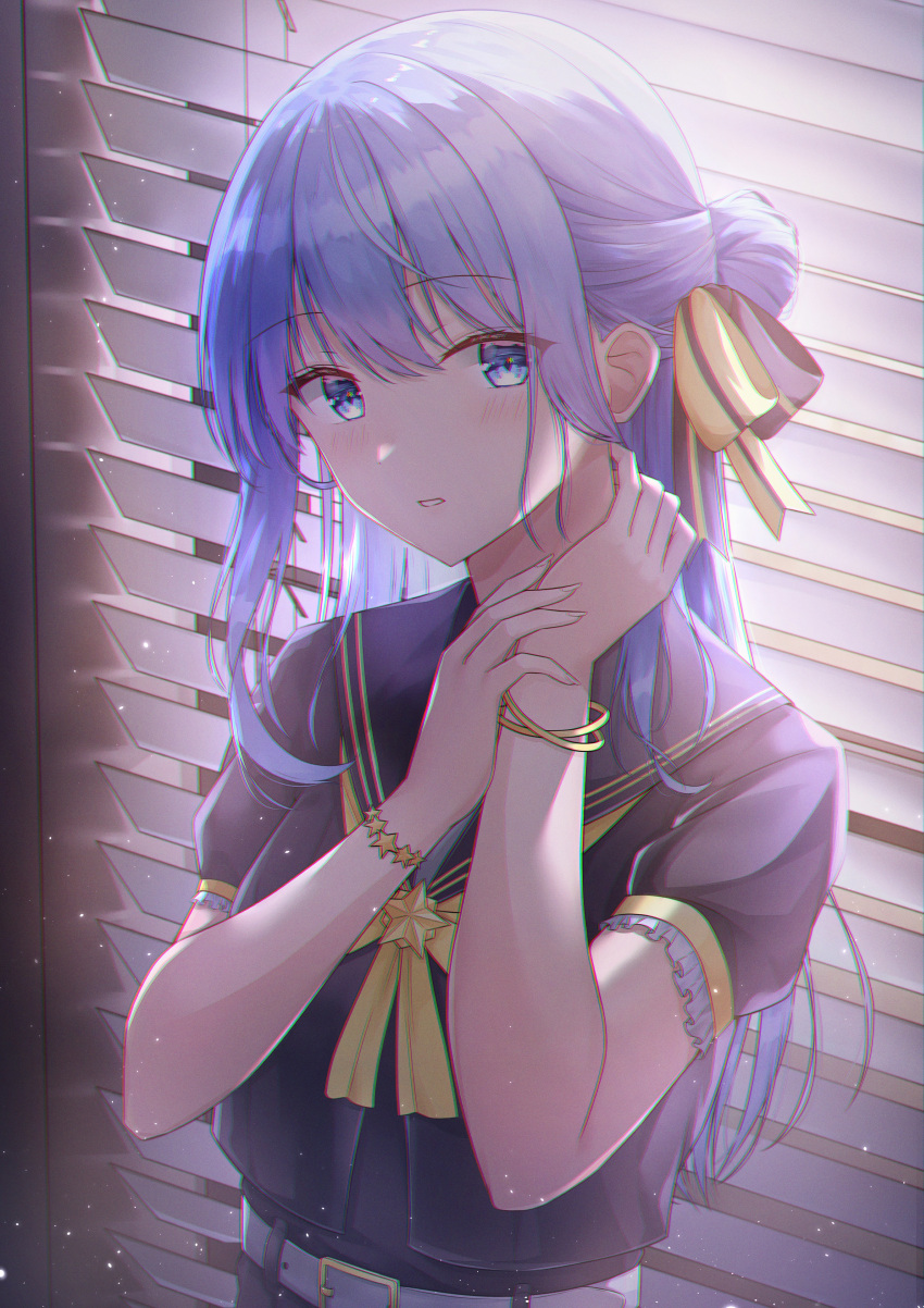 1girl absurdres belt black_sailor_collar black_serafuku black_shirt blinds blue_eyes blue_hair blush bow bowtie bracelet commentary frilled_sleeves frills grey_belt hair_bun half_updo hand_on_own_neck hand_up highres hololive hoshimachi_suisei indoors jewelry long_hair looking_at_viewer multiple_bracelets official_alternate_costume official_alternate_hair_length official_alternate_hairstyle parted_lips puffy_short_sleeves puffy_sleeves rieatco sailor_collar school_uniform serafuku shirt short_sleeves sidelocks single_side_bun solo star_(symbol) star_in_eye symbol-only_commentary symbol_in_eye virtual_youtuber yellow_bow yellow_bowtie