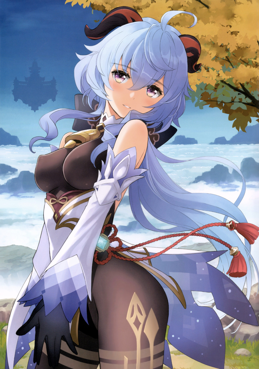 1girl absurdres ahoge bangs bare_shoulders bell blue_hair blue_sky blush branch breasts cloud covered_nipples day detached_sleeves ganyu_(genshin_impact) genshin_impact gloves gold_trim highres horns leotard leotard_under_clothes long_hair looking_at_viewer medium_breasts neck_bell outdoors own_hands_together parted_lips purple_eyes scan simple_background skin_tight sky solo tony_taka