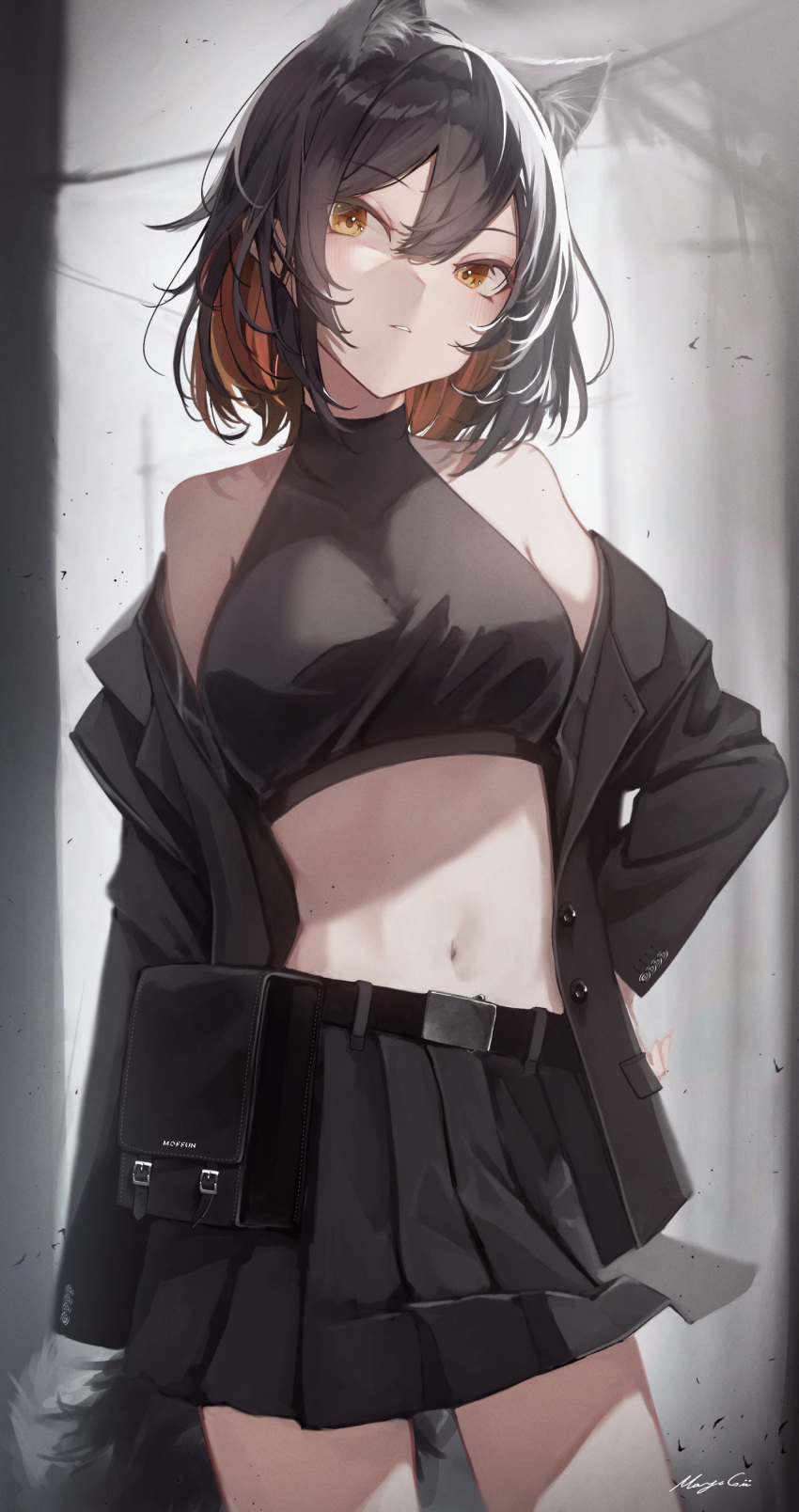 1girl absurdres animal_ear_fluff animal_ears bangs bare_shoulders black_hair black_jacket black_shirt black_skirt blush brown_eyes brown_hair commentary_request covered_collarbone crop_top hair_between_eyes hand_on_hip highres jacket long_sleeves looking_at_viewer mayogii midriff multicolored_hair navel off_shoulder open_clothes open_jacket original parted_lips pleated_skirt shirt signature skirt sleeveless sleeveless_shirt solo tail two-tone_hair