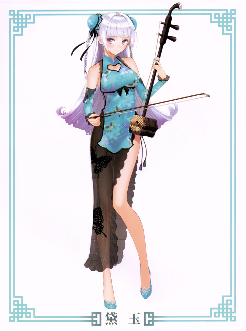 1girl absurdres animal_print bangs bare_shoulders blue_eyes blush braid breasts bug butterfly butterfly_print china_dress chinese_clothes closed_mouth clothing_cutout collarbone dai-you detached_sleeves double_bun dress erhu full_body hair_bun heart_cutout highres instrument legs long_hair looking_at_viewer medium_breasts original panty_straps parted_lips scan see-through simple_background sleeveless solo standing tony_taka twin_braids twintails white_background white_hair