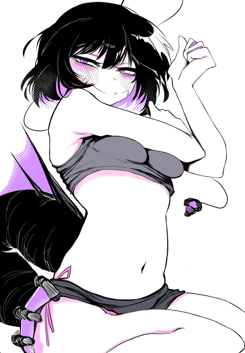 1girl antennae bangs black_hair blush breast_press breasts crop_top english_commentary fins grey_shorts hair_between_eyes hemuling highres looking_at_viewer medium_breasts monochrome monster_girl multicolored_hair navel original purple_eyes purple_hair short_hair shorts simple_background sitting smile solo tail webbed_hands