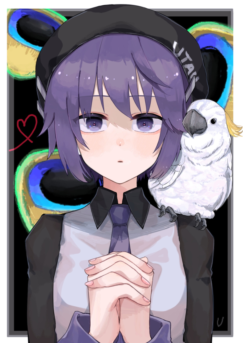 1girl animal_on_shoulder bangs beret bird bird_on_shoulder black_shirt border cockatoo collared_shirt commentary grey_vest hat heart heart_in_eye highres juliet_sleeves long_sleeves looking_at_viewer necktie outside_border own_hands_clasped own_hands_together parted_lips puffy_sleeves purple_eyes purple_hair purple_necktie shade shirt short_hair solo straight-on swept_bangs symbol_in_eye uo_yuo upper_body utane_uta utau vest white_border