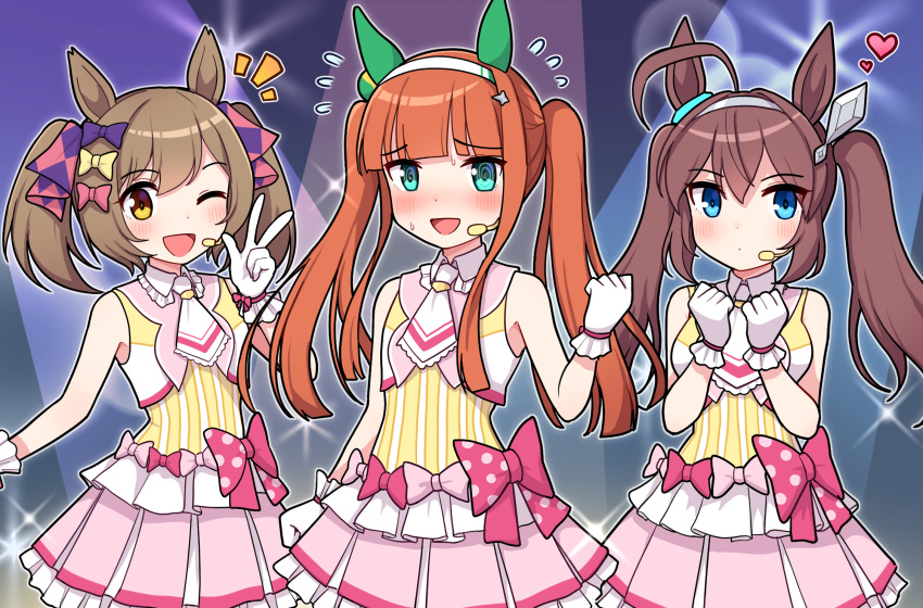 3girls ;d @_@ animal_ears bangs blue_eyes blunt_bangs blush bow breasts brown_eyes brown_hair clenched_hand closed_mouth commentary_request flying_sweatdrops frilled_skirt frills gloves green_eyes hair_between_eyes hair_bow hairband hand_up hands_up headset heart highres horse_ears looking_at_viewer matching_outfit medium_breasts mihono_bourbon_(umamusume) multiple_girls nigekiri_sisters_(umamusume) notice_lines one_eye_closed orange_hair outline pink_bow pink_skirt pleated_skirt purple_bow shirt silence_suzuka_(umamusume) skirt sleeveless sleeveless_shirt smart_falcon_(umamusume) smile takiki twintails umamusume v white_gloves white_hairband white_outline white_shirt yellow_bow