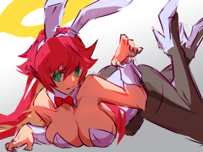 1girl animal_ears ass bangs black_pantyhose breasts claw_pose cleavage collarbone detached_collar green_eyes guilty_gear guilty_gear_xrd hair_between_eyes halo high_heels jack-o'_valentine large_breasts legs leotard long_hair looking_at_viewer lying on_stomach pantyhose parted_lips playboy_bunny rabbit_ears red_hair solo strapless strapless_leotard thighs unfinished ura_dora very_long_hair white_leotard wrist_cuffs