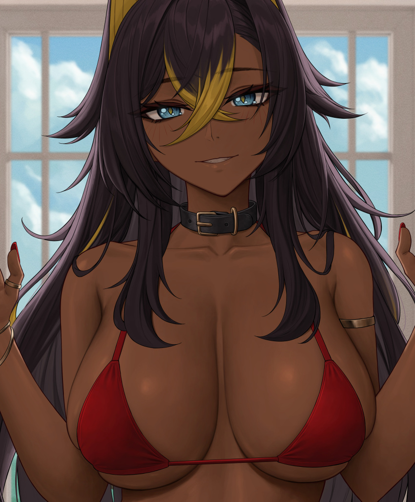 1girl absurdres bangs bare_shoulders bikini bikini_top_only black_hair blonde_hair breasts cloud cloudy_sky collarbone commentary dark-skinned_female dark_skin day dehya_(genshin_impact) english_commentary fingernails genshin_impact hands_up head_tilt highres indoors large_breasts long_hair looking_at_viewer multicolored_hair nail_polish parted_lips red_bikini simple_background sky smile swimsuit two-tone_hair upper_body window zaphn