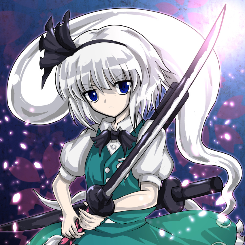 1girl absurdres alphes_(style) bangs black_hairband blue_eyes cherry_blossoms closed_mouth ghost green_skirt green_vest grey_hair hairband highres holding holding_sword holding_weapon katana kazakome konpaku_youmu konpaku_youmu_(ghost) looking_at_viewer parody shirt short_hair short_sleeves skirt solo style_parody sword touhou v-shaped_eyebrows vest weapon white_shirt