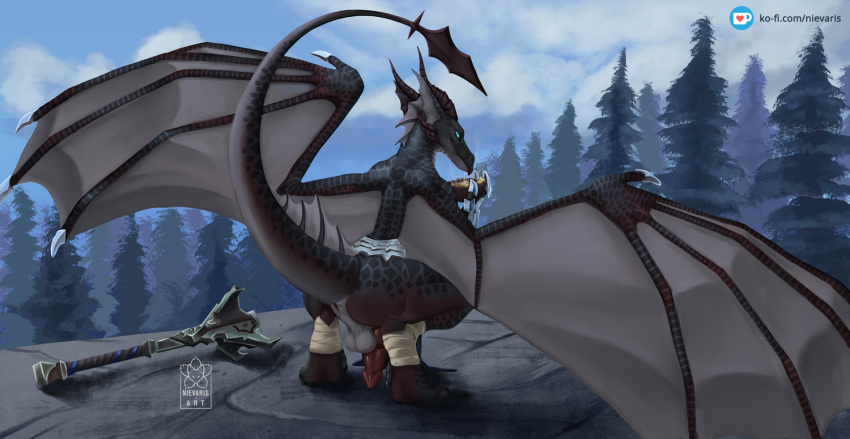 anthro blizzard_entertainment digital_drawing_(artwork) digital_media_(artwork) dracthyr dragon genitals horn knot male nievaris nude penis scalie solo warcraft western_dragon wings