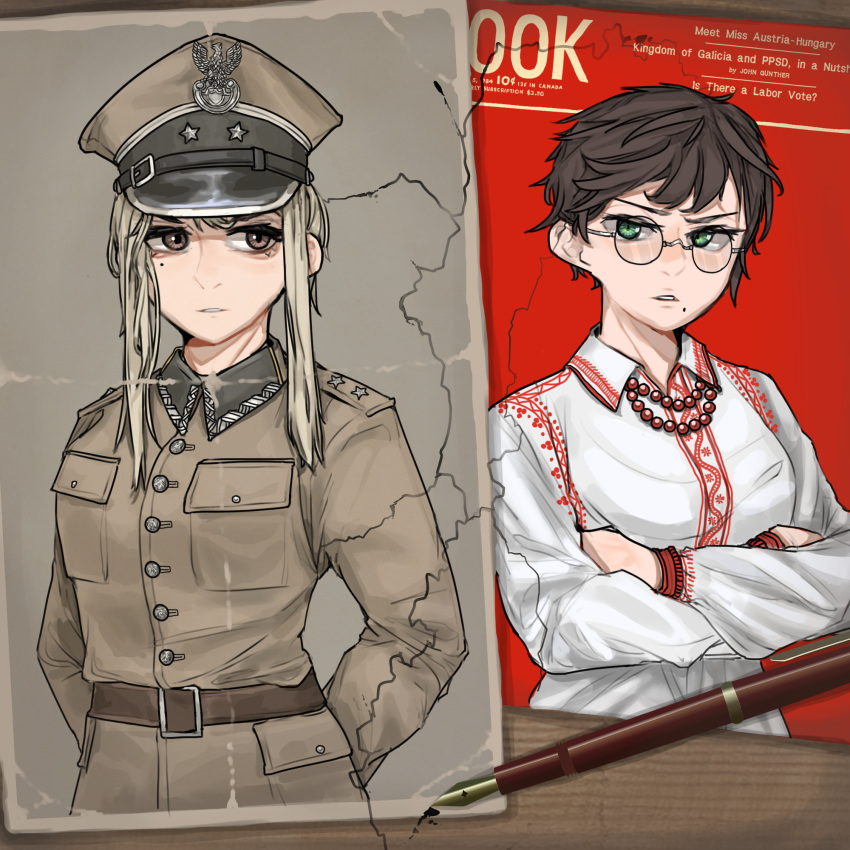 2girls arms_behind_back bead_necklace beads belt bird blonde_hair breasts brown_belt brown_eyes brown_hair buttons coat crossed_arms eagle glasses green_eyes hat highres jewelry kaiserreich long_hair military military_hat military_uniform mole mole_under_eye mole_under_mouth multiple_girls necklace nib_pen_(object) peaked_cap pen pocket pzkpfwi short_hair star_(symbol) traditional_clothes uniform