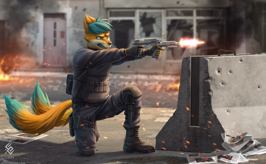 anthro artist_logo artist_name black_nose blue_eyes blue_hair blue_tail bottomwear buizel cereus93 clothed clothing detailed_background full-length_portrait fur generation_4_pokemon grey_bottomwear grey_clothing grey_pants grey_topwear gun hair holding_gun holding_object holding_weapon kneeling logo male narrowed_eyes nintendo outside pants pokemon pokemon_(species) portrait ranged_weapon shooting solo tail teeth topwear weapon yellow_body yellow_fur yellow_tail