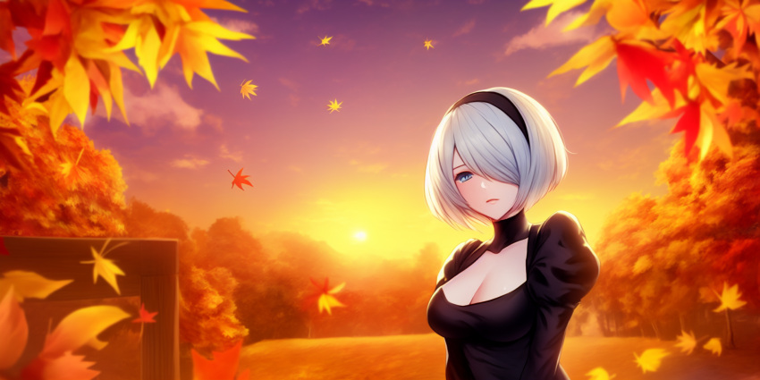 1girl ai-generated android autumn_leaves bangs black_dress blue_eyes bob_cut breasts cleavage cleavage_cutout closed_mouth clothing_cutout cloud cloudy_sky corset dress hair_over_one_eye headband highres itsallfeynman leaf maple_leaf nier_(series) nier_automata outdoors puffy_sleeves sky solo sunset upper_body white_hair yorha_no._2_type_b