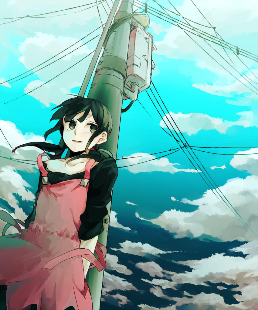 1girl aqua_sky arms_at_sides asahina_hiyori bangs black_eyes black_hair black_shirt blunt_bangs blunt_ends casual cloud cloudy_sky commentary day from_above gradient_sky highres kagerou_project looking_to_the_side medium_hair off-shoulder_shirt off_shoulder outdoors overalls parted_lips pink_overalls pink_skirt power_lines shirt shizu_(9394marimo) skirt sky sleeves_past_elbows solo strap_slip transformer utility_pole