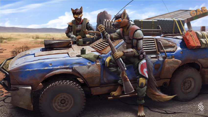 16:9 ammo_belt anthro armor artist_logo artist_name black_hair black_nose bottomwear brown_body brown_fur brown_hair canid car cereus93 clothed clothing detailed duo fur glistening glistening_eyes green_bottomwear green_clothing green_eyes green_pants gun hair hi_res holding_gun holding_object holding_weapon logo male mammal messy_hair outside pants post-apocalyptic ranged_weapon short_hair vehicle weapon wearing_goggles widescreen