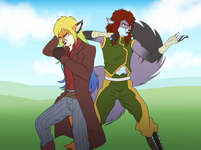 2023 anthro belt canid canine clothed clothing cloud digital_media_(artwork) duo duster_coat fighting_pose fish fox hi_res hybrid landscape landscape_background mammal marine pose prismanoodle_(artist) ready_to_fight simple_background wraps